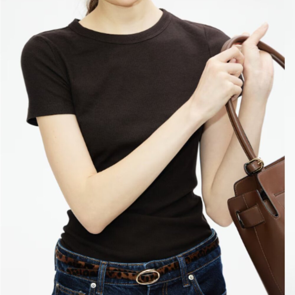 H&M Black Ribbed Modal-blend T-shirt soft classic basic jersey tee